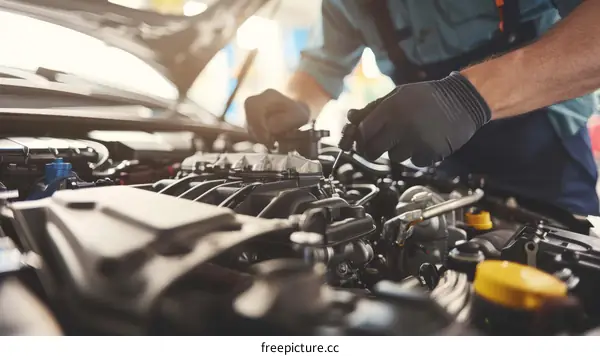 Car engine repair and maintenance by a mechanic