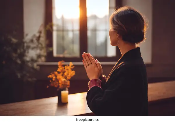 Woman Praying by the Window at Sunset