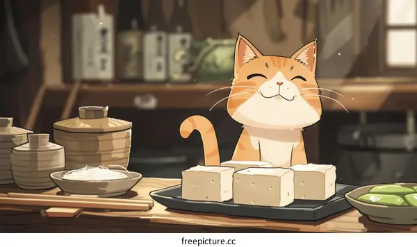 A cute cat is sitting on the counter in a Japanese restaurant