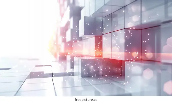 Abstract 3D rendering of a futuristic cityscape with glowing red light and floating particles