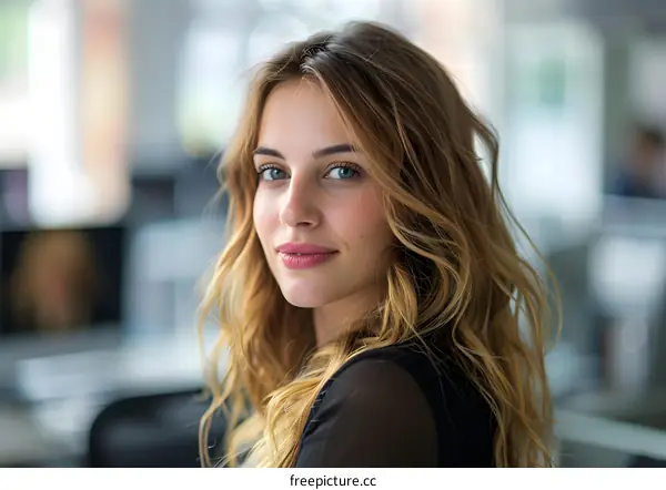 Portrait of a beautiful young woman with long blond hair and blue eyes