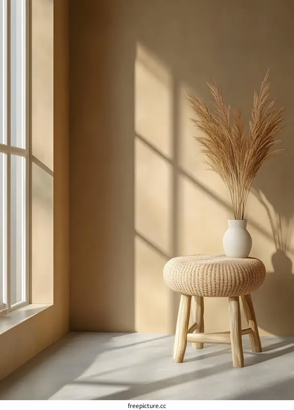 Minimalist Interior Design with Wicker Stool and Dried Flowers