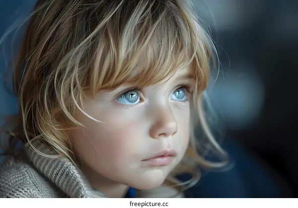 Little Girl with Blonde Hair and Blue Eyes Looking Up