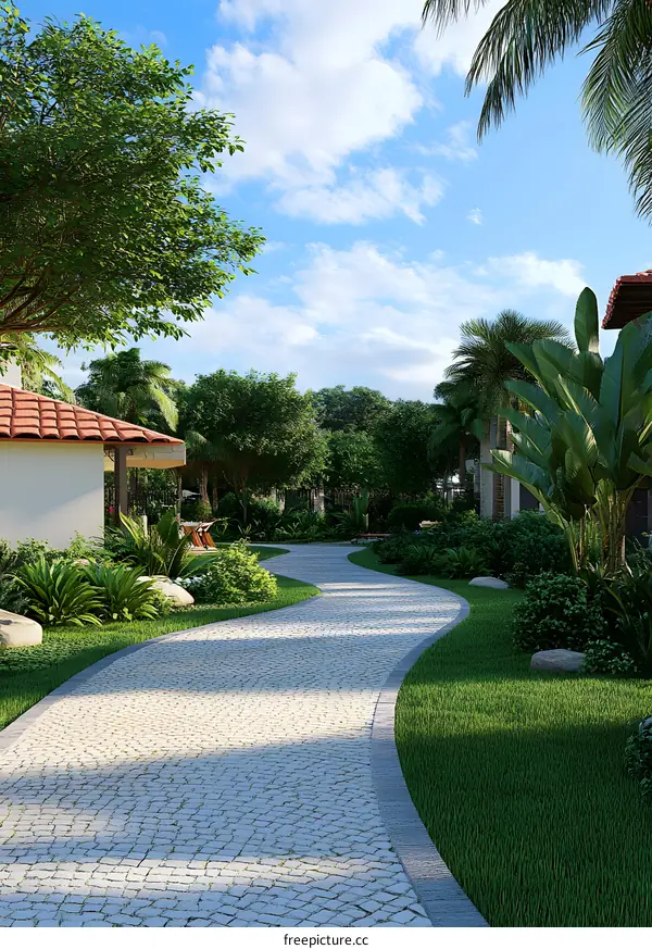 Stone Path Through Lush Greenery in a Tropical Garden