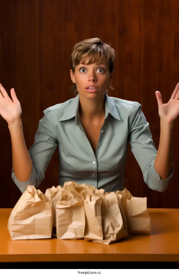 A woman is sitting at a table with a lot of paper bags.