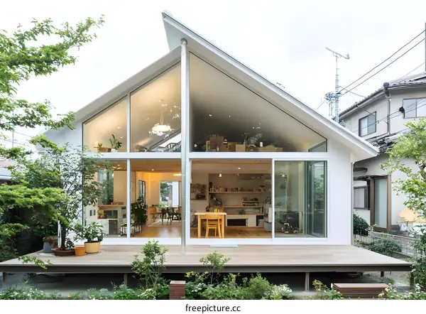 Modern White House with Large Windows and Wooden Deck
