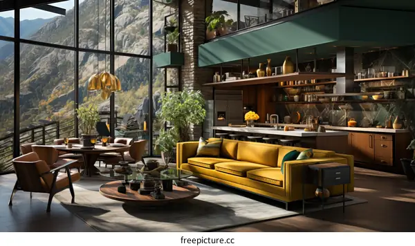 Modern mountain home interior living room kitchen dining room