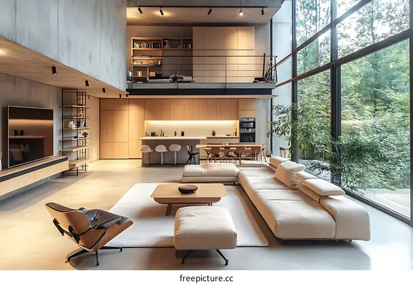 Modern Open-Plan Living Area with Large Windows