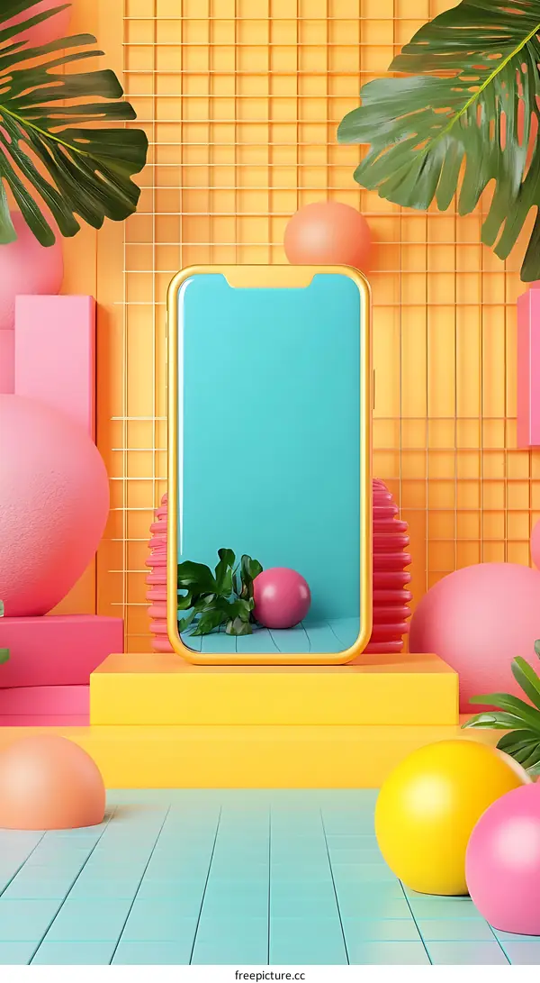 Golden Phone Mockup With Colorful Background