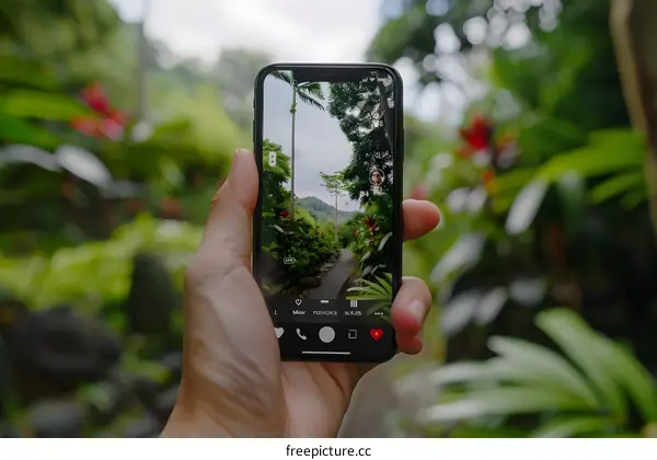 Hand Holding Smartphone Capturing Green Foliage Path