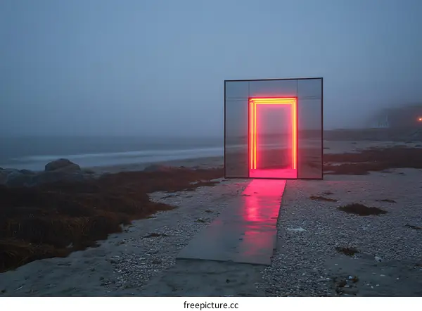 Neon Light Installation on Beach with Fog