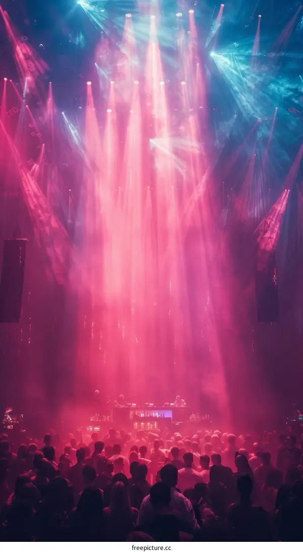 Pink and blue lights at a concert with a large crowd