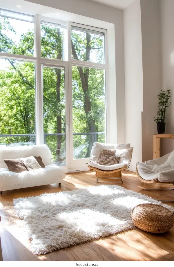 Modern Living Room with Large Windows and Fluffy Rug