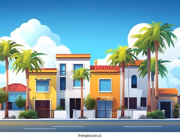 Palm Trees and Houses in a Sunny Suburban Street