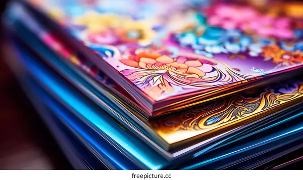 A stack of books with colorful floral patterns