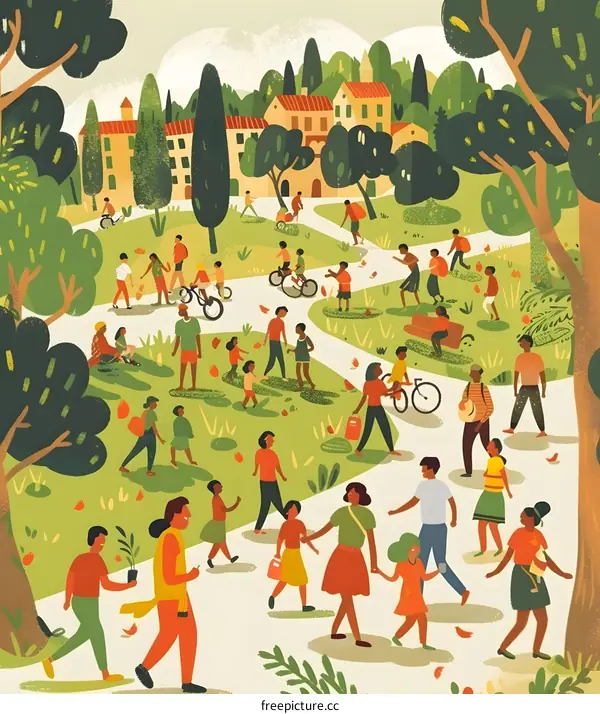 Colorful Illustration of People Walking in a Park with Trees and Buildings