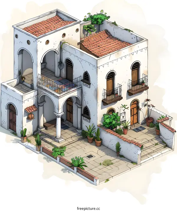 Isometric View of a Traditional Spanish Colonial Style House