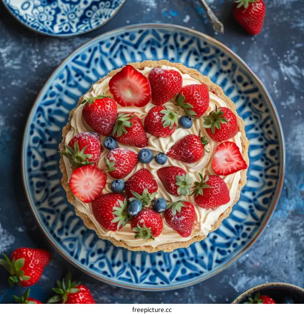 Freshly baked strawberry cake with cream and blueberries