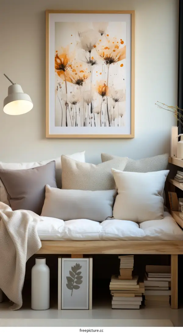 Cozy living room with sofa, pillows, painting