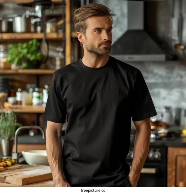 Handsome man in black t-shirt standing in the kitchen