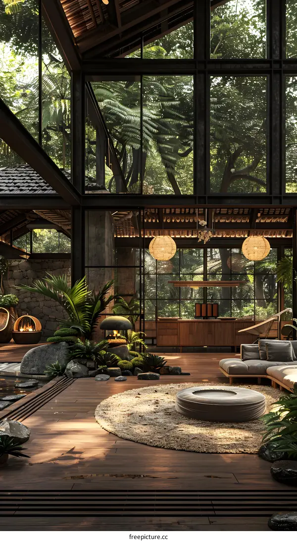 The house is built in the middle of the forest