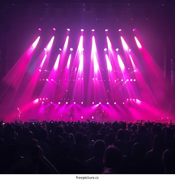 Pink lights illuminate a large crowd at a concert