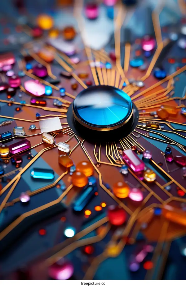 Circuit board with colorful gemstones