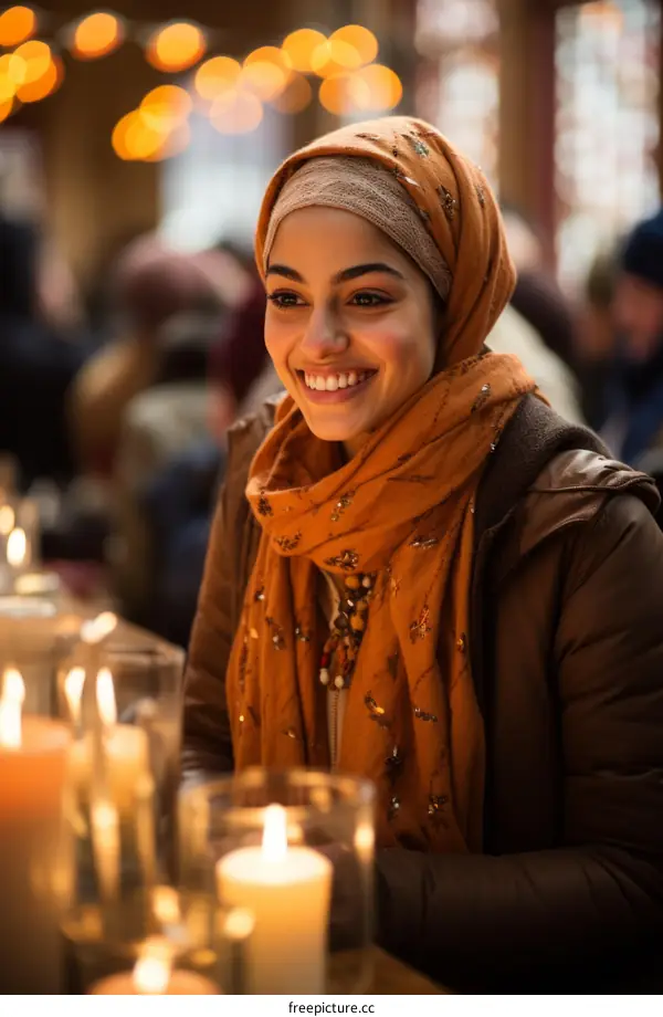 Portrait of a young woman wearing a brown hijab and a brown jacket with orange scarf