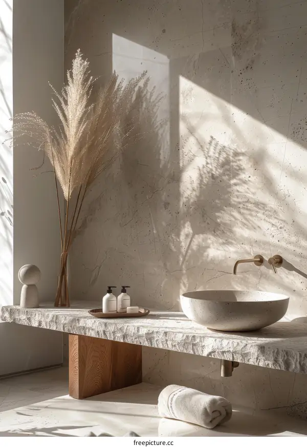 Modern bathroom interior with stone sink and pampas grass