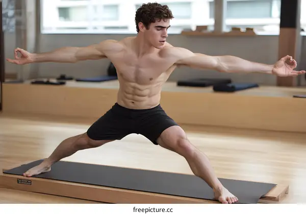 Man Practicing Yoga Pose on Wooden Platform