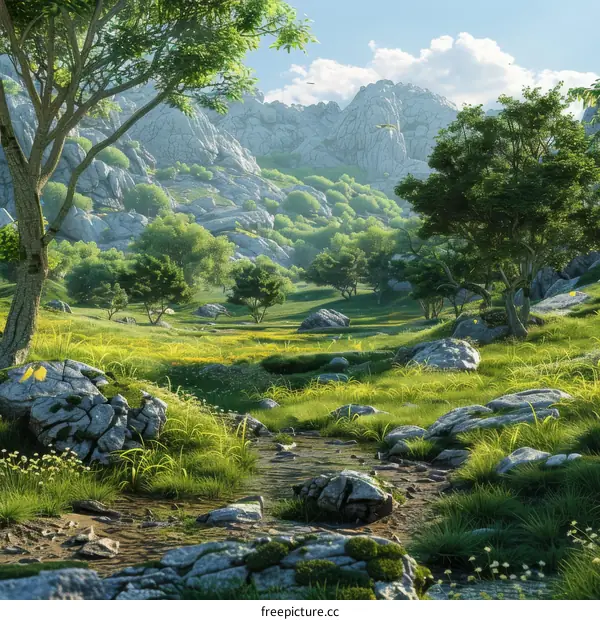 Valley landscape with rocks, trees, and a stream