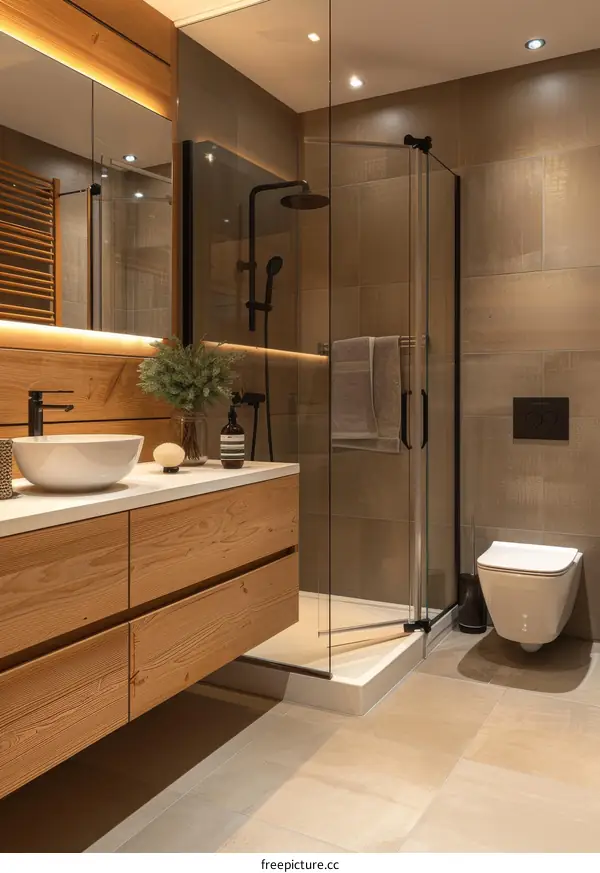 Bathroom interior with wooden vanity, vessel sink and glass shower enclosure