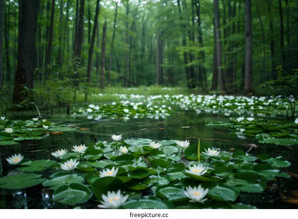 Mystical and serene forest pond with blooming white water lilies