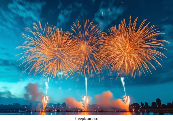Fireworks light up the night sky over a lake