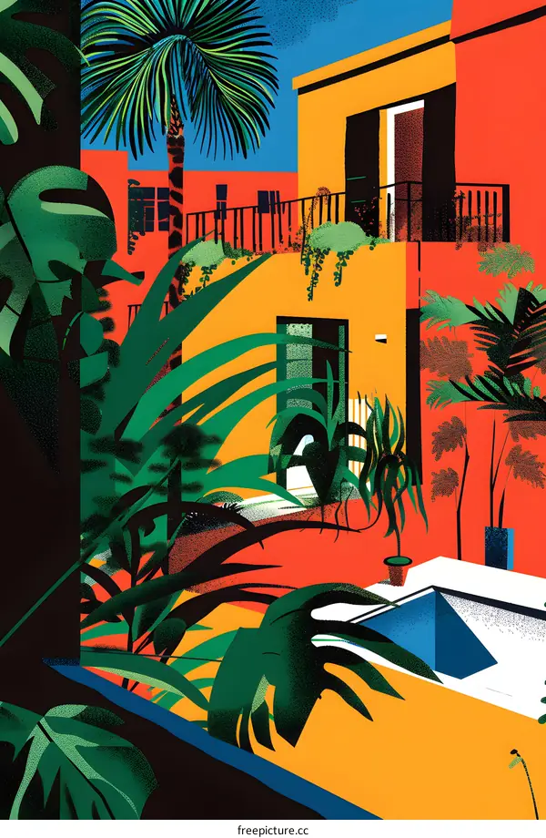 Tropical Courtyard with Palm Tree and Pool