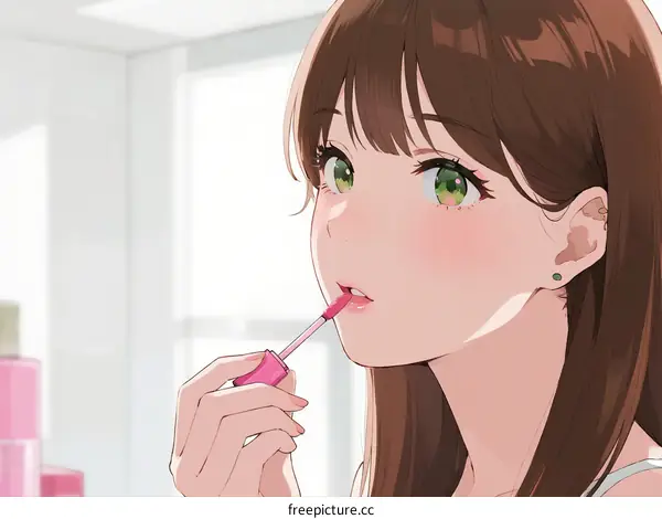 Young woman applying pink lip gloss in bright room