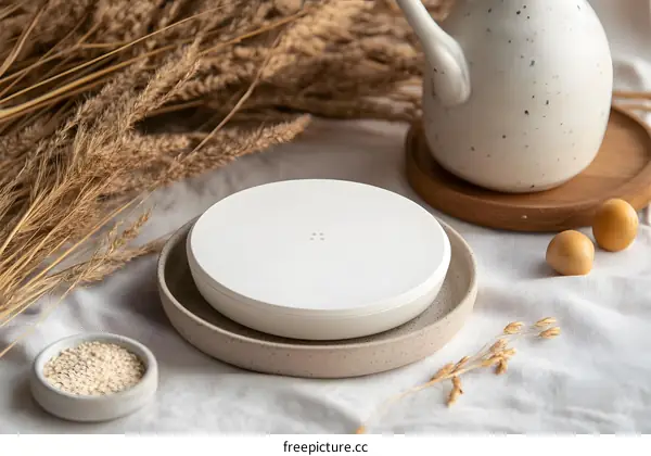 Minimalist White Round Object on a Beige Plate