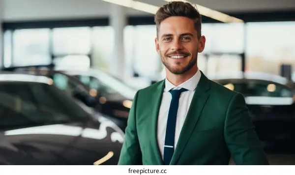 Car salesman with green suit standing in front of luxury cars in showroom
