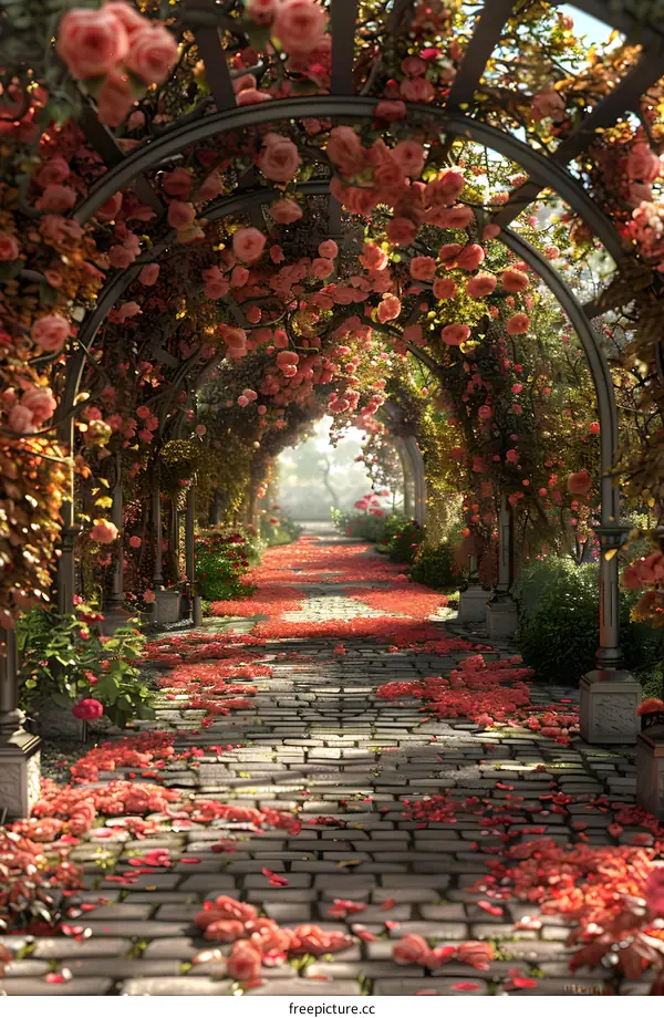 A beautiful garden with a rose arch