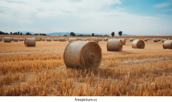 Golden Hay Bales in a Vast Field Under a Blue Sky