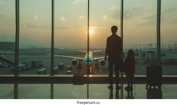 Father and daughter at the airport looking at airplanes