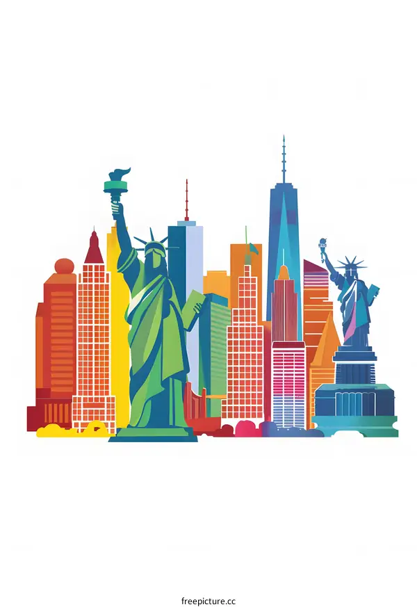 Colorful Illustration of New York City Skyline with Statue of Liberty