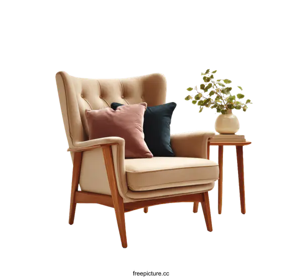 [Transparent Background PNG]Mid-Century Modern Wingback Chair with Side Table