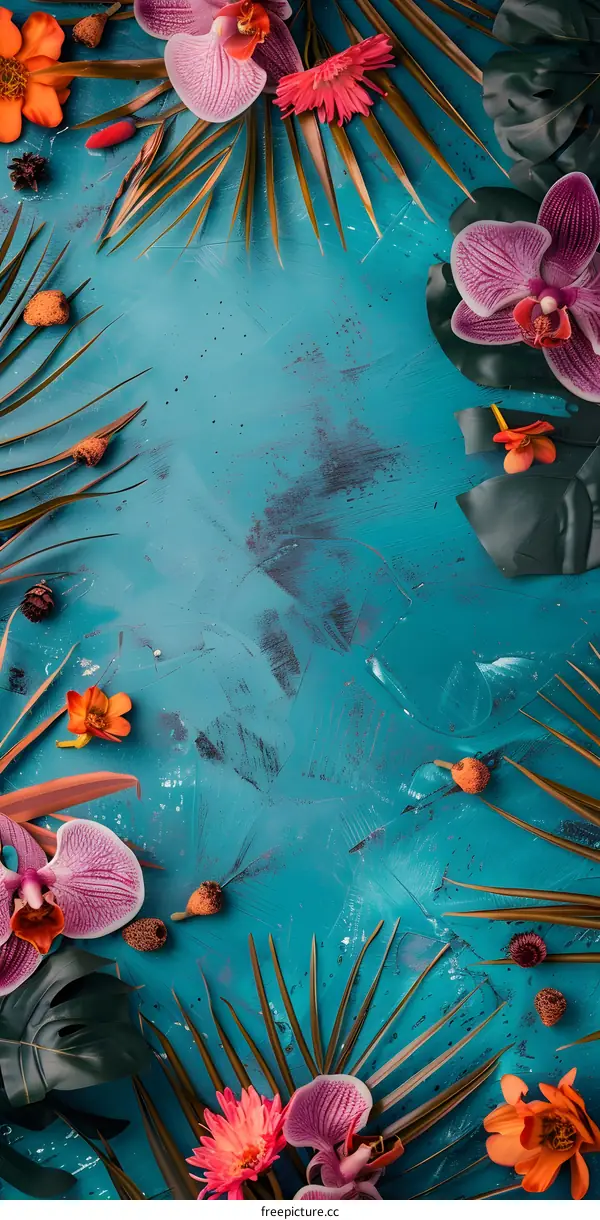 Tropical Flowers and Leaves on Blue Background