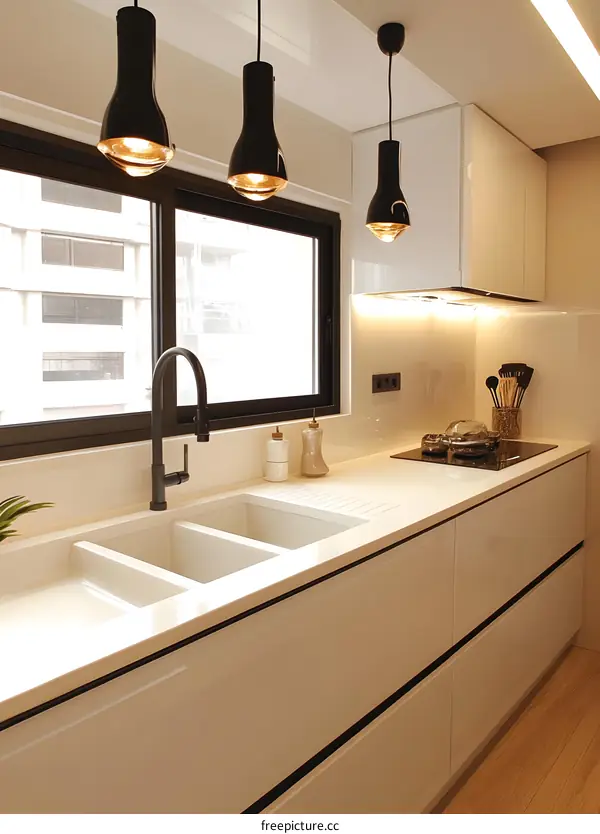 Modern Kitchen Interior Design with White Cabinets and Black Faucet