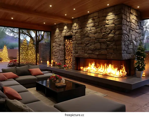 Modern Cozy Living Room with Fireplace and Christmas Decor