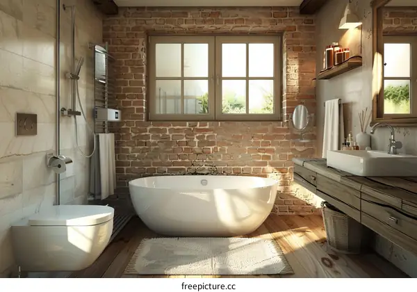 Modern Bathroom Design With Brick Wall And Wooden Floor