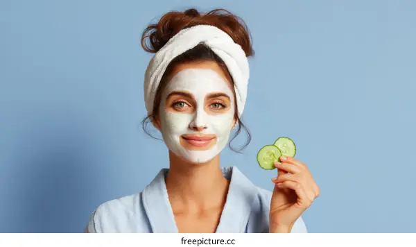 Woman with Facial Mask and Cucumbers