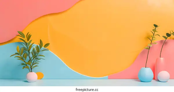 Abstract Minimalist Background with Colorful Shapes and Plants