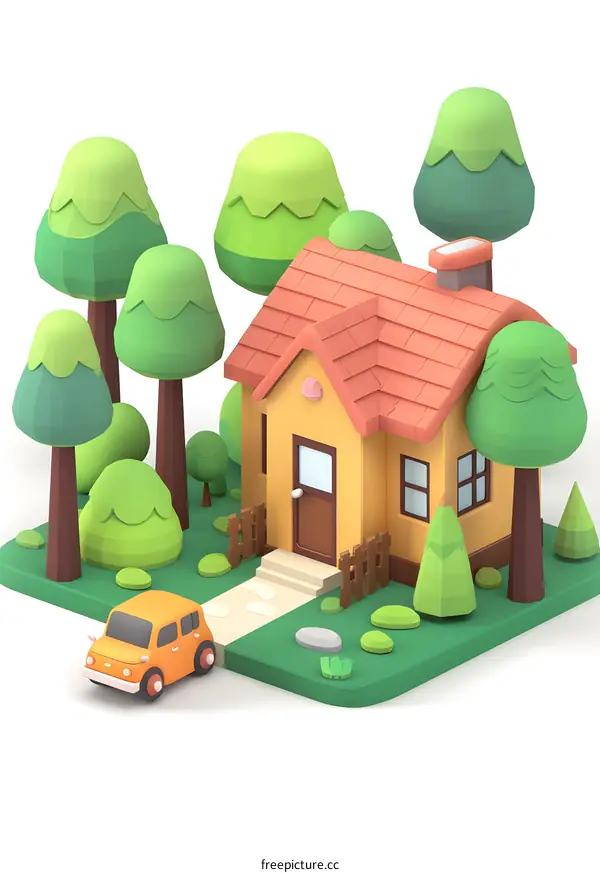 Cute Cartoon House with Trees and Car in Green Lawn